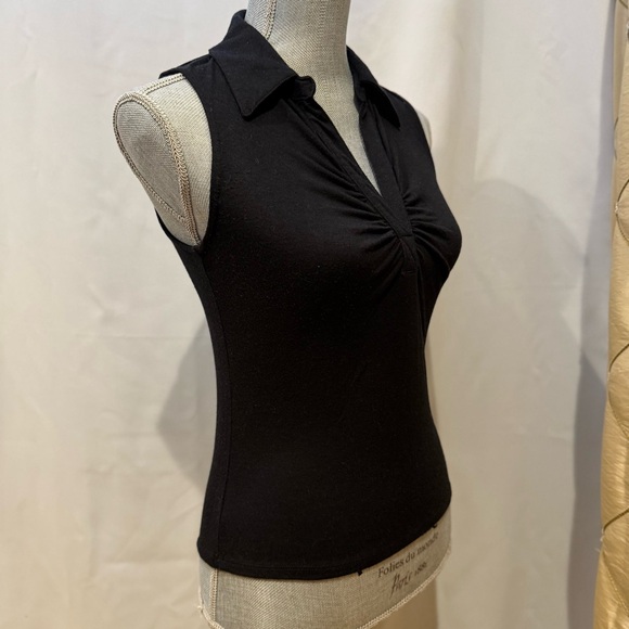 Vintage “Liquid” Black sleeveless collared top with ruched detail, Sz S - Picture 4 of 8